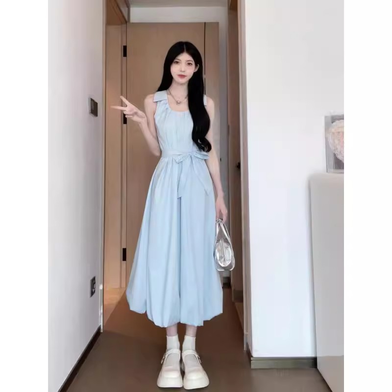 蓝色吊带连衣裙子女夏季2