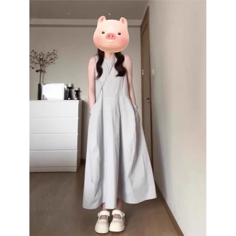法式灰色无袖背心连衣裙