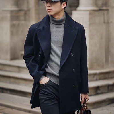 慕星之瞳英伦风双排扣海军短款羊毛呢大衣男冬季中长款西装领外套