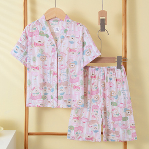 夏季儿童棉绸睡衣男童女童人造棉薄款宝宝亲子女孩绵绸家居服套装