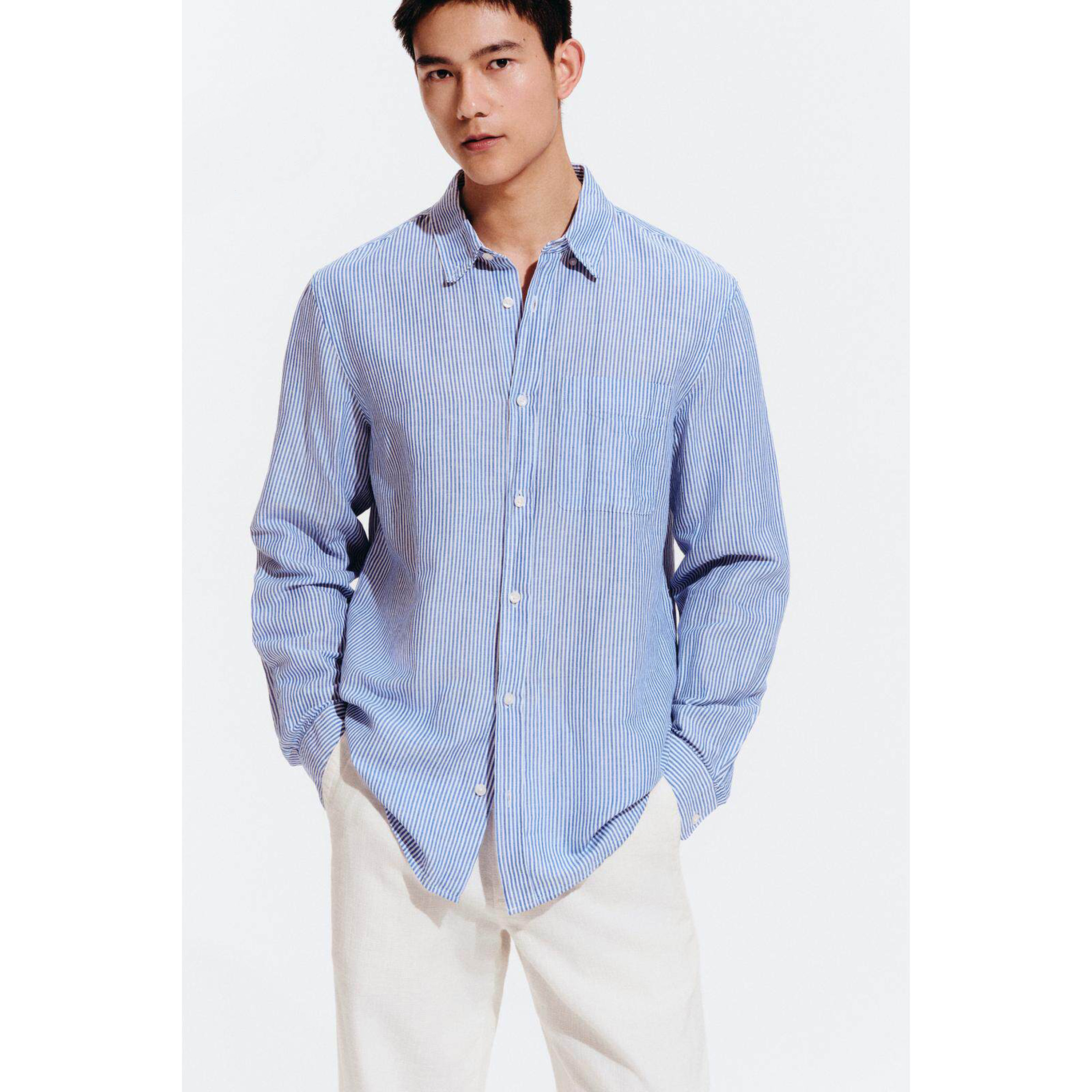 柜329！ZA26春夏新品 男装 修身直筒棉麻混纺长袖衬衫1063411 058