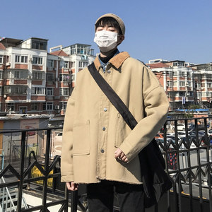 羊羔毛外套男秋冬季潮牌宽松翻领棉衣夹克港风复古保暖情侣上衣服