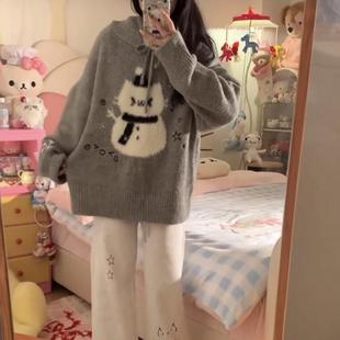 美式 上衣厚 复古圣诞灰色小雪人连帽毛衣女秋冬季 宽松学院风针织衫