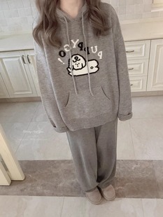 打底针织上衣女秋冬保暖 可爱小狗软糯休闲连帽毛衣女宽松慵懒长袖