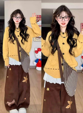 法式复古黄色圆领针织开衫女秋冬新款高级感慵懒宽松休闲毛衣外套