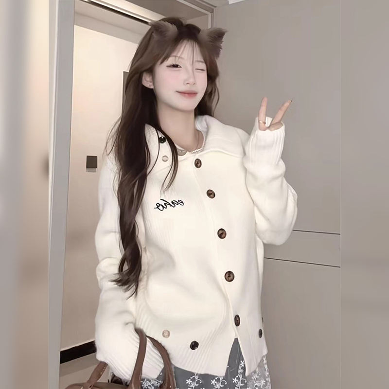 胖mm特大码慵懒风翻领针织开衫女