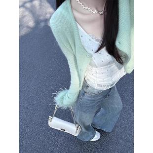 韩系修身短款外套针织衫开衫毛衣女新款春秋薄荷绿色小衫薄款上衣