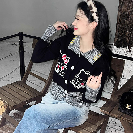 2025复古毛衣开衫女早秋新款学院设计感修身针织翻领卡通黑色外套