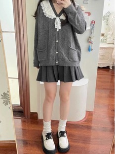 秋季 上衣学院风可爱慵懒毛衣 新款 日系甜美少女蕾丝领灰色针织开衫