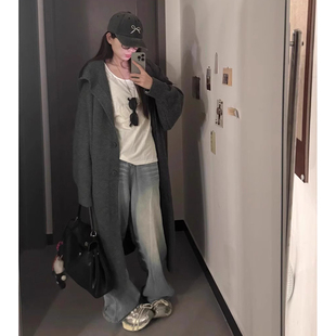 秋冬大码 遮肉穿搭慵懒毛衣外套女过膝韩版 宽松连帽中长款 针织开衫