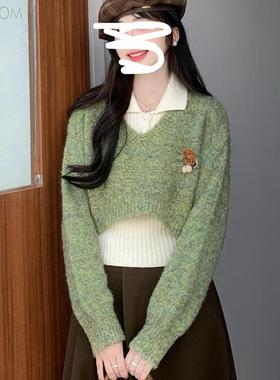 法式复古毛衣套装女春秋冬季新款polo领背心绿色显白针织衫两件套