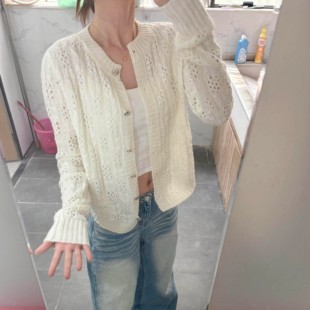 穿搭高级感气质毛衣外套上衣 春季 韩系镂空钩花针织开衫 女2026新款