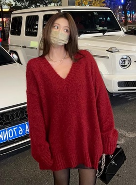 法式安可拉红慵懒风宽松长袖针织毛衣女早秋冬2024新款高级感上衣