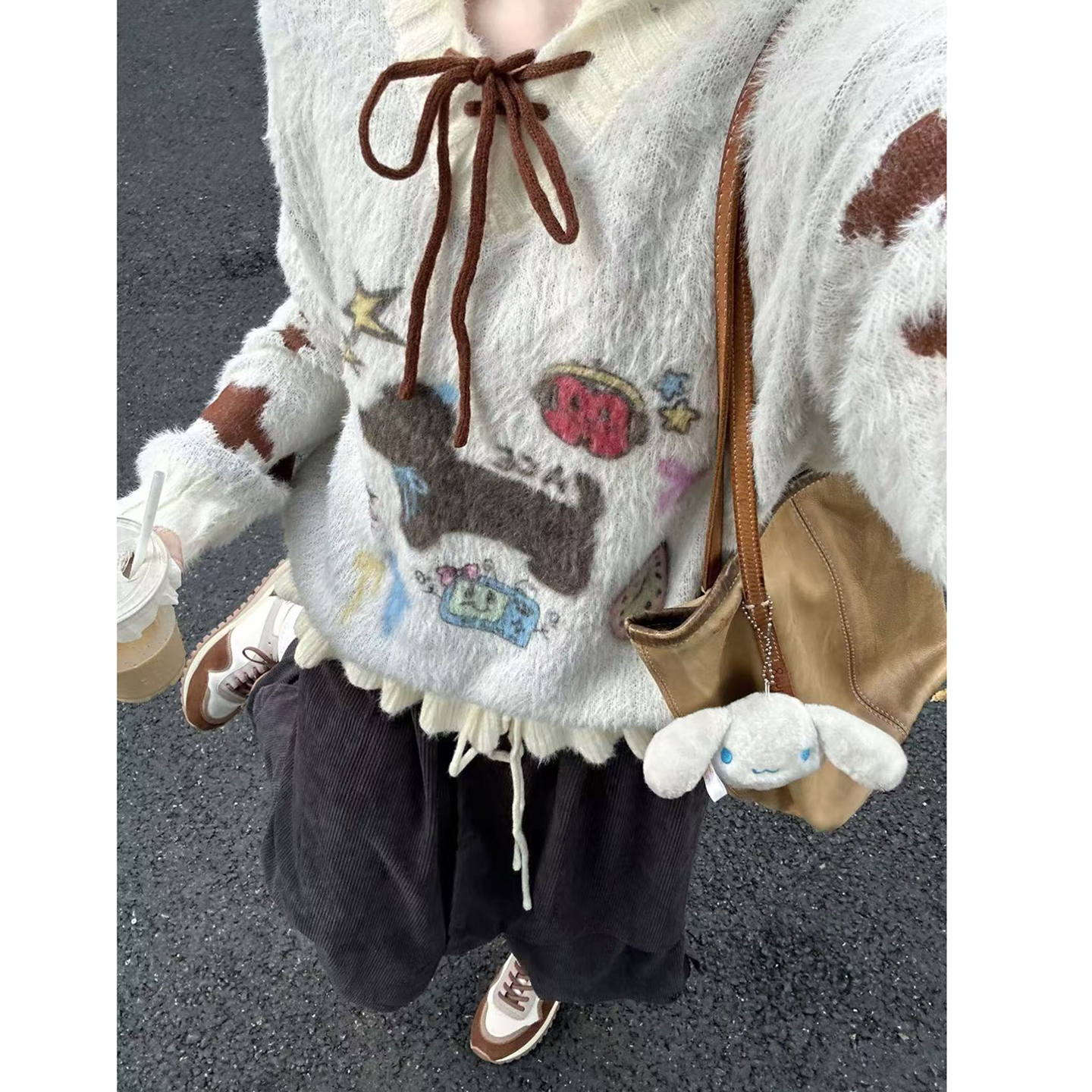 美式复古卡通小狗提花毛衣女