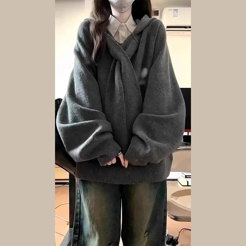 灰色连帽卫衣毛衣女秋冬2024新款慵懒风高级感日系加厚针织衫上衣