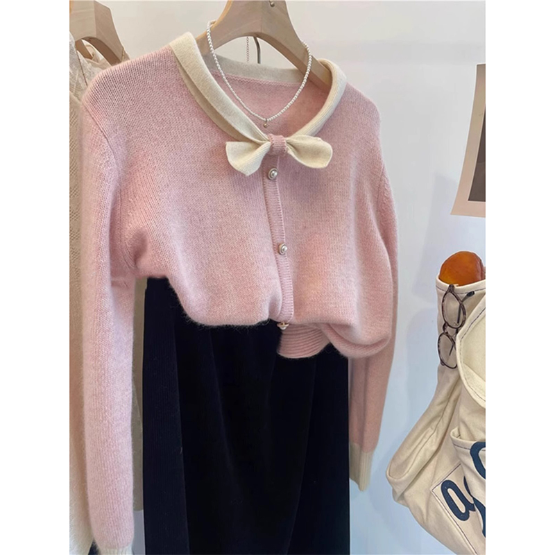法式穿搭温柔小香风蝴蝶结粉色毛衣外套开衫女秋冬内搭针织衫上衣