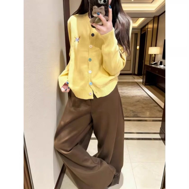 黄色小狗刺绣针织开衫女2026早春新款韩系慵懒风毛衣外套长袖上衣,女装/女士精品,毛针织衫,淘宝优惠券,粉丝福利购,淘宝优惠卷