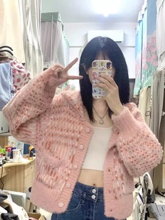2023新款 加厚外套上衣 奶fufu针织开衫 软糯慵懒风粉色毛衣女秋冬季