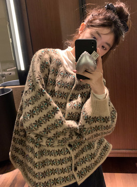 复古提花花朵圆领大码毛衣开衫外套女2024新款秋冬古着宽松针织衫