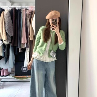 绿色圆领毛衣外套 花边设计感短款 韩系减龄百搭针织开衫 女春秋新款