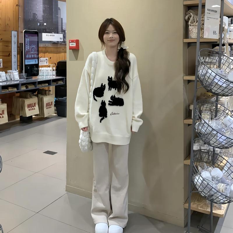 趣味猫咪提花马海毛毛衣秋冬新款