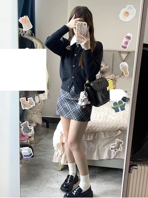 学院风polo领开衫毛衣女秋冬季新款显瘦假两件短款针织衫外套上衣