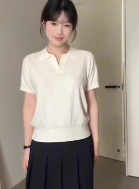韩系白色正肩polo衫女夏冰丝针织短袖T恤小个子短款显瘦翻领上衣