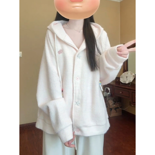 软糯慵懒高级感粉色连帽毛衣外套女款2025新款针织开衫春秋季上衣