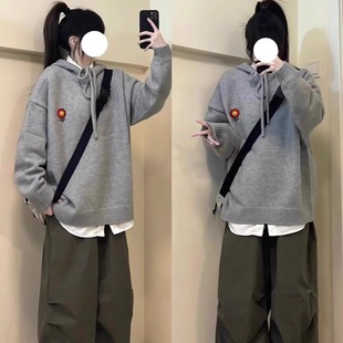 复古学院风小花连帽毛衣女宽松慵懒风百搭针织衫 秋冬返校穿搭美式