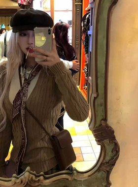 蓝色麻花衬衫领假两件毛衣女2025新款气质内搭针织打底衫修身上衣