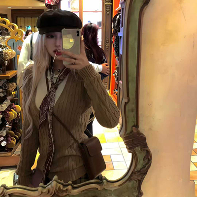 蓝色麻花衬衫领假两件毛衣女