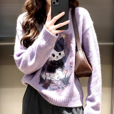 法式复古紫色小猫加厚毛衣女款