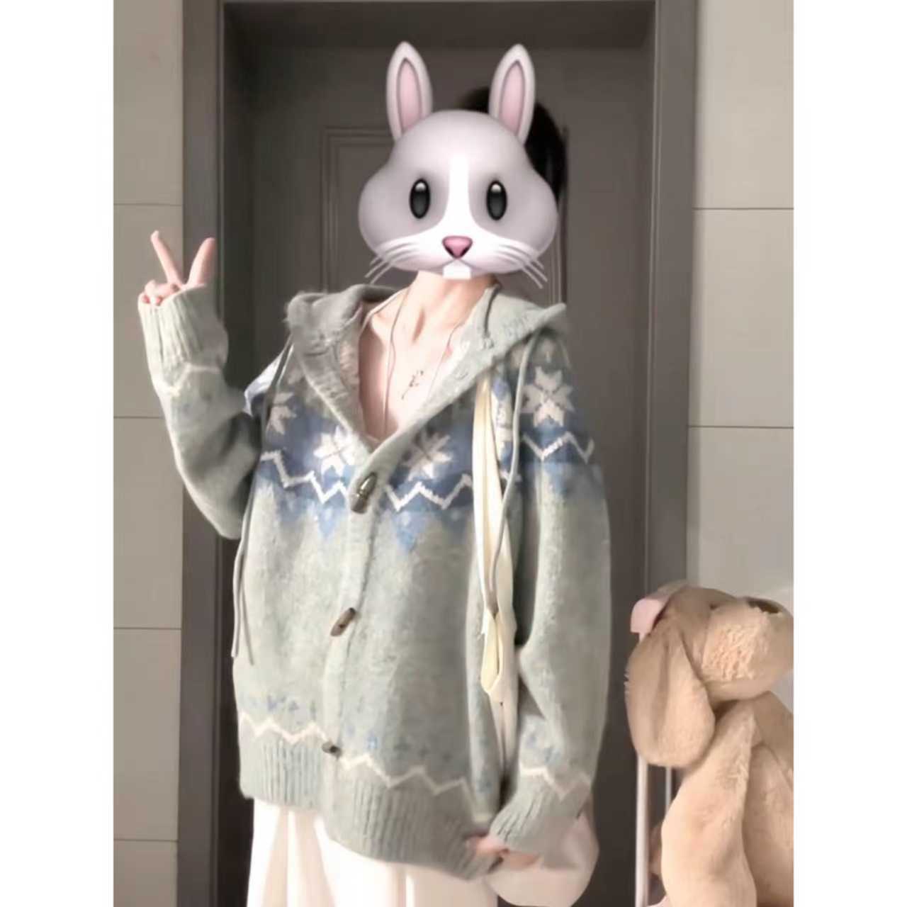 费尔岛灰色提花针织连帽毛衣外套