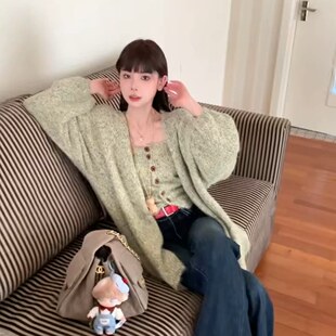 花纱抹胸背心针织两件套中长款毛衣外套宽松慵懒风套装女秋冬新款