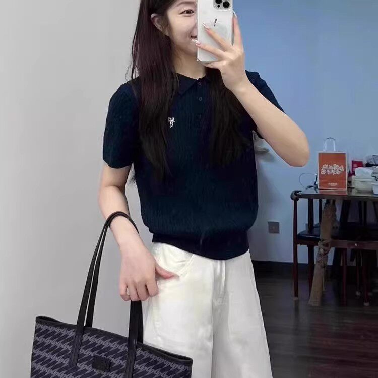 藏青色polo领正肩学院针织短袖t恤女夏季超好看麻花刺绣翻领上衣