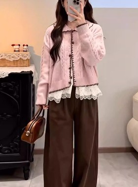 韩系学院风粉色针织开衫毛衣外套女秋冬季2025新款巨好看短款上衣