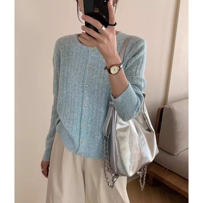 2024秋季新款修身韩系针织开衫女洋气慵懒风马海毛高级感毛衣外套