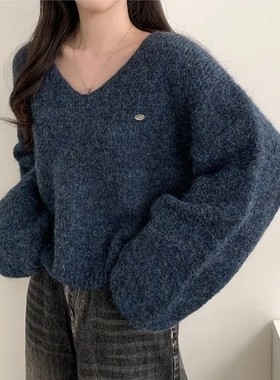 韩国chic秋冬气质慵懒风宽松v领毛茸茸针织衫百搭休闲简约毛衣女