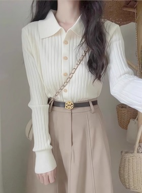 白色polo领针织开衫女早秋装收腰修身显瘦短款毛衣内搭打底衫上衣