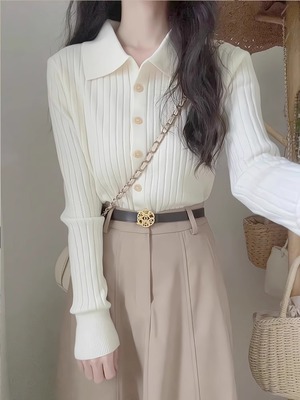 白色polo领针织开衫女早秋装收腰修身显瘦短款毛衣内搭打底衫上衣