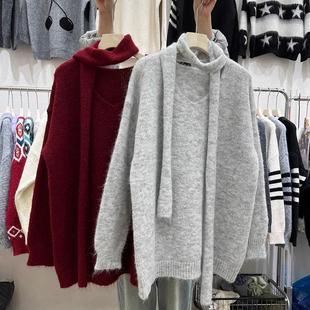 围巾毛衣女中长款秋冬气质辣妹新年战袍上衣宽松氛围感慵懒针织衫