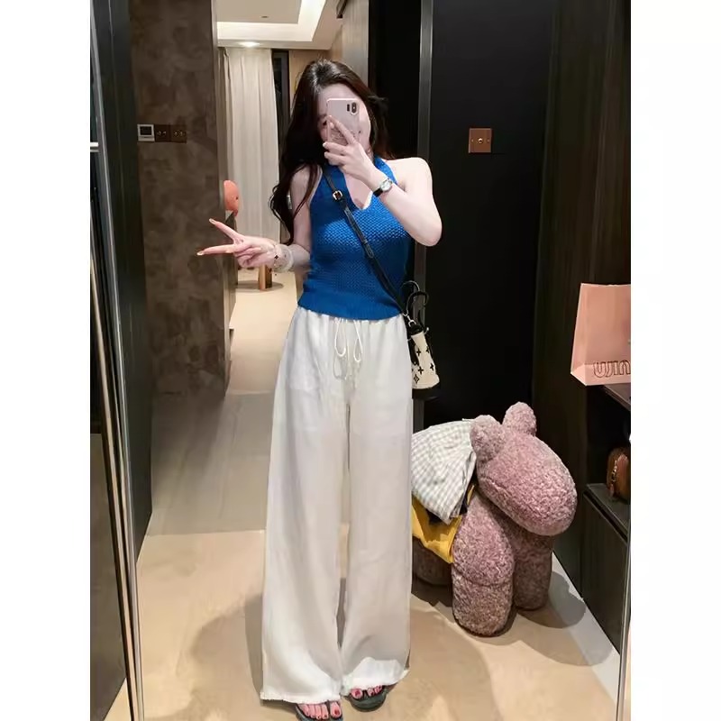 蓝色V领挂脖针织掐腰吊带背心女