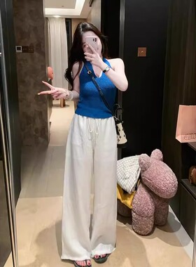 蓝色V领挂脖针织掐腰吊带背心女夏外穿修身显瘦辣妹短款无袖上衣