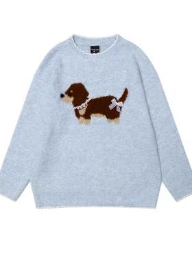 慵懒风卡通小狗BF圆领软糯毛衣女美式宽松百搭复古休闲内搭针织衫