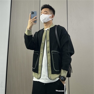 夹克时尚 棒球服拼色针织开衫 短款 外套男秋轻熟韩版 百搭潮 休闲修身