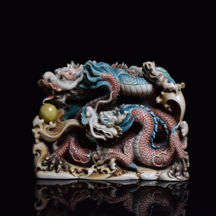 猛犸象牙彩绘双龙戏珠摆件猛犸象牙雕刻摆件猛犸象牙制品猛犸摆件