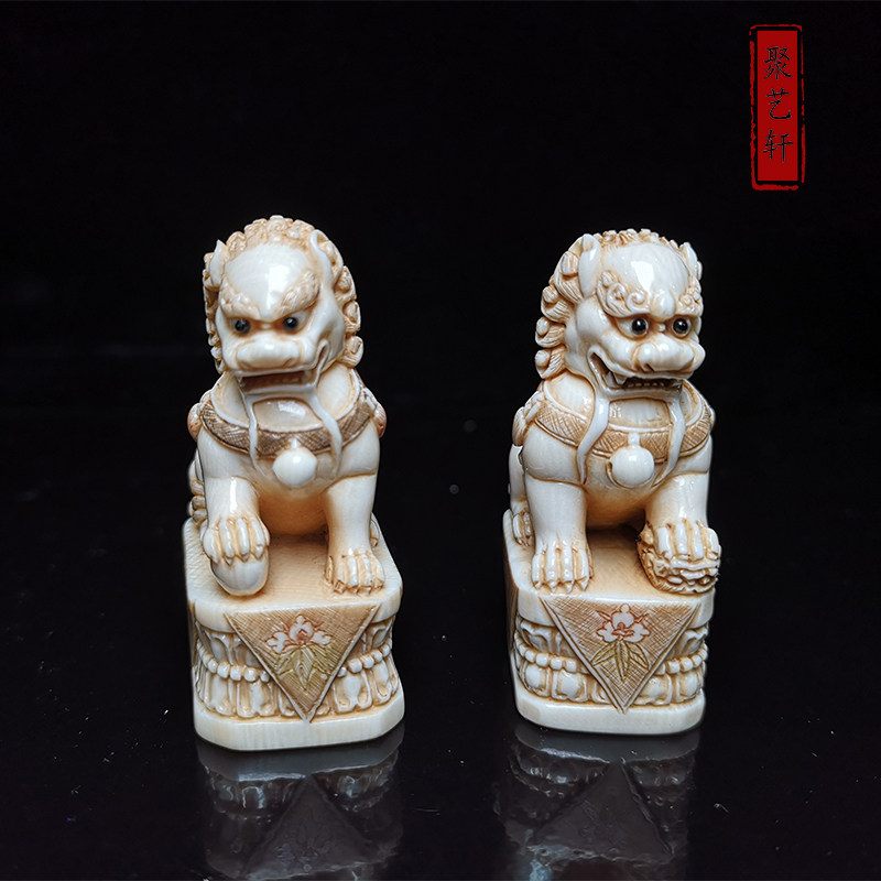 大师精雕狮子彩绘回流原料摆件