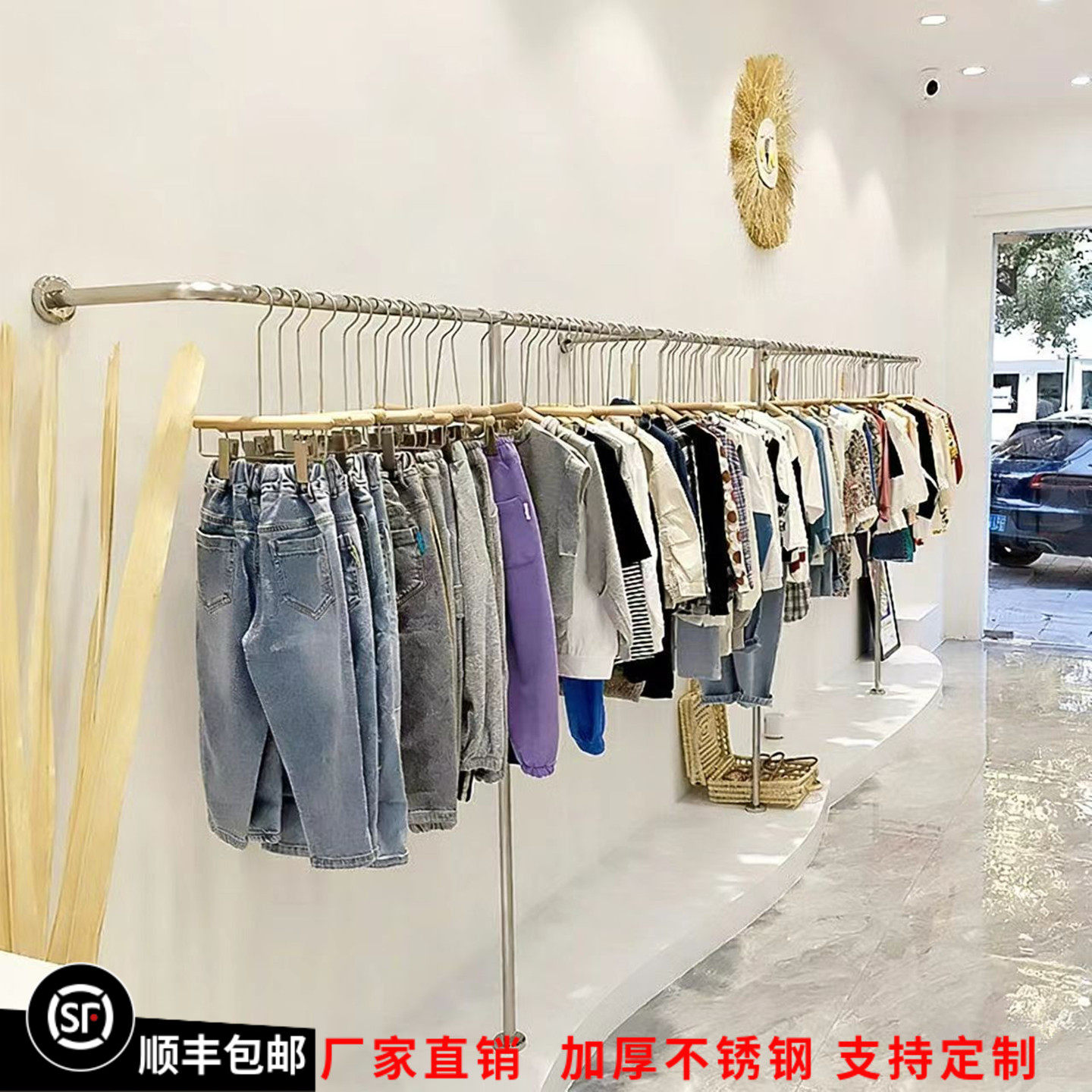 服装店展示架女装童装不锈钢上墙落地壁挂式侧挂货架陈列架挂衣架