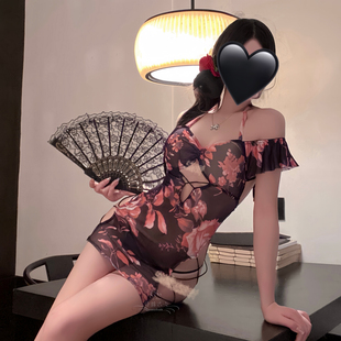 玫瑰气质妩媚女人味镂空绑带紧身复古旗袍性感印花显身材包臀睡裙
