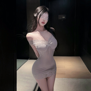 性感蕾丝蝴蝶结一字肩包臀睡裙女夏透视美背显身材夜店紧身超短裙